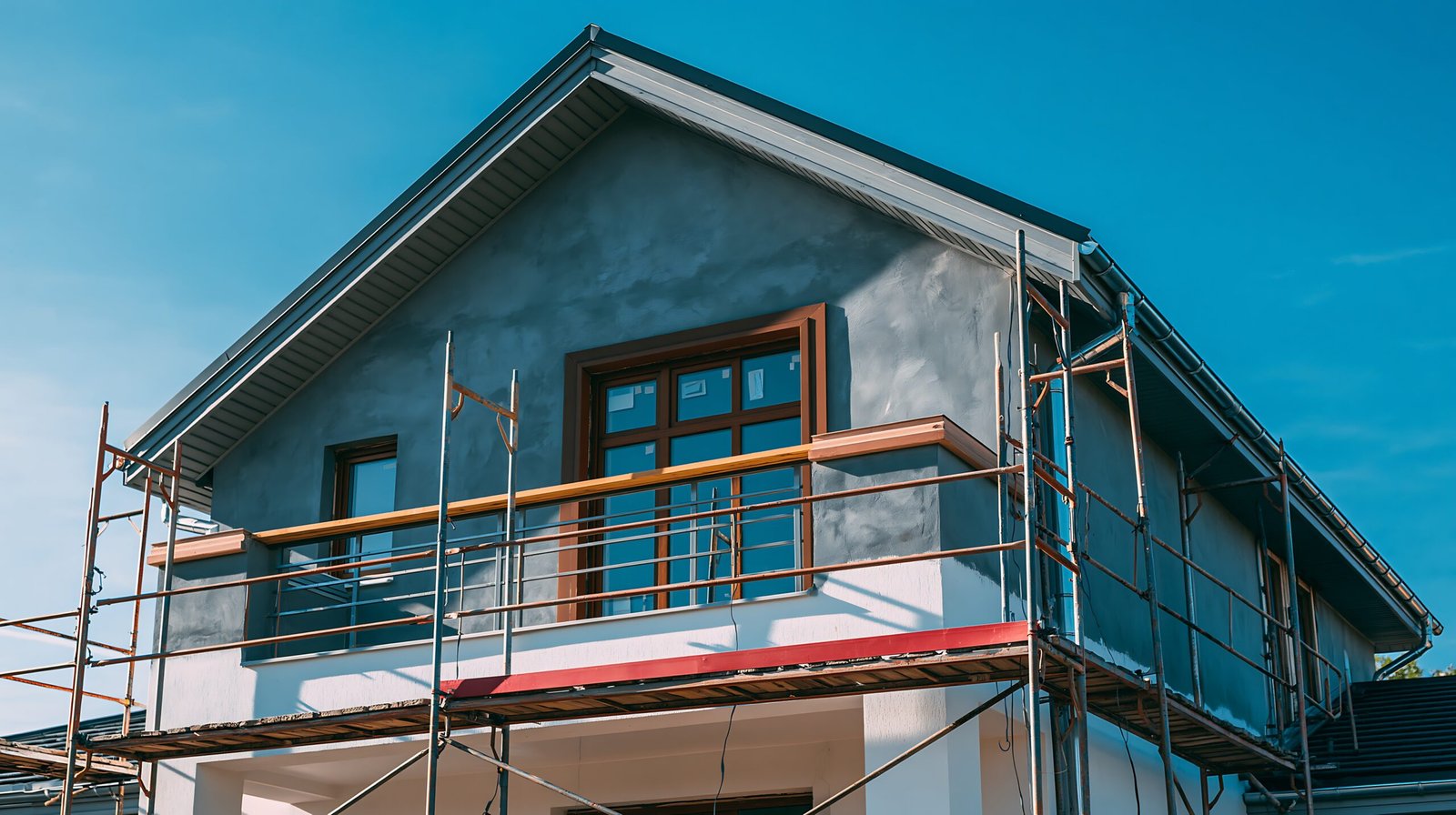 Gerüstbau in Burscheid – Haus mit Gerüst vor blauem Himmel